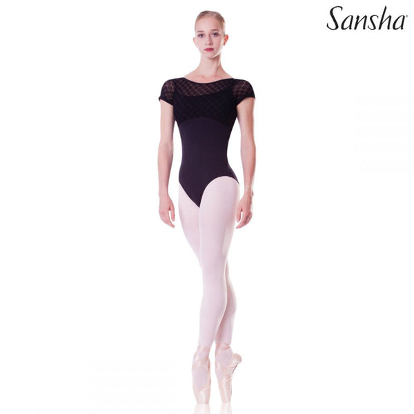 Cap sleeve leotard Linda, in mesh+91% meryl/9% lycra, lining